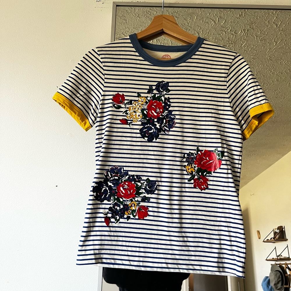 Tory Burch Striped Floral Embroidered T-Shirt, Fresh Strip Tea Rose, Size XS